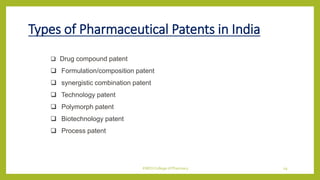 Types of Pharmaceutical Patents in India
 Drug compound patent
 Formulation/composition patent
 synergistic combination...