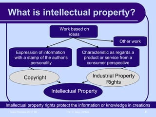 What is intellectual property? Intellectual property rights protect the information or knowledge in creations Intellectual Property Copyright Industrial Property Rights Expression of information  with a stamp of the author’s personality Characteristic as regards a product or service from a consumer perspective Work based on ideas Other work 