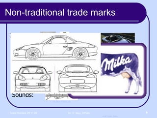 Non-traditional trade marks 3-D: Colours: Sounds: The Coca Cola Company BP Kraft Foods Toblerone Dr. Ing. h.c. F. Porsche AG: Boxter-S Kraft Foods : Chocolate Deutsche Telekom AG Nestlé Kraft Foods : Milka 