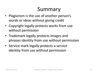 Summary
• Plagiarism is the use of another person’s
  words or ideas without giving credit
• Copyright legally protects wo...