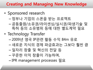 • Sponsored research
– 정부나 기업의 스폰을 받는 프로젝트
– 공동출원/소유권/라이센싱/실시권/파생기술 및
특허 등의 소유범위 등에 대한 별도계약 필요
• Technology Transfer
– 2009년 영국 IP관련 활동 수익 84m 유로
– 새로운 지식의 경제 파급효과는 그보다 훨씬 큼
– 일자리 창출 및 혁신의 전달 등
– 꾸준한 이익 창출이 가능하며,
– IPR management processes 필요
Creating and Managing New Knowledge
 
