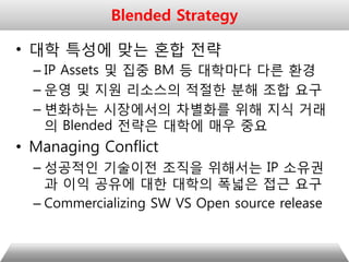 • 대학 특성에 맞는 혼합 전략
– IP Assets 및 집중 BM 등 대학마다 다른 환경
– 운영 및 지원 리소스의 적절한 분해 조합 요구
– 변화하는 시장에서의 차별화를 위해 지식 거래
의 Blended 전략은 대학에 매우 중요
• Managing Conflict
– 성공적인 기술이전 조직을 위해서는 IP 소유권
과 이익 공유에 대한 대학의 폭넓은 접근 요구
– Commercializing SW VS Open source release
Blended Strategy
 