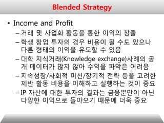 • Income and Profit
– 거래 및 사업화 활동을 통한 이익의 창출
– 학생 창업 투자의 경우 비용이 될 수도 있으나
다른 형태의 이익을 유도할 수 있음
– 대학 지식거래(Knowledge exchange)사례의 공
개 데이터가 많지 않아 수익을 파악은 어려움
– 지속성장/사회적 미션/장기적 전략 등을 고려한
제반 활동 비용을 이해하고 실행하는 것이 중요
– IP 자산에 대한 투자의 결과는 금융뿐만이 아닌
다양한 이익으로 돌아오기 때문에 더욱 중요
Blended Strategy
 