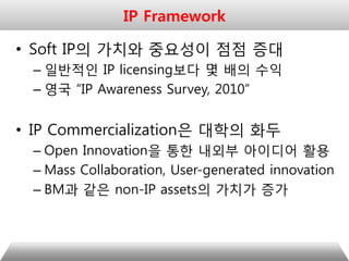 • Soft IP의 가치와 중요성이 점점 증대
– 일반적인 IP licensing보다 몇 배의 수익
– 영국 “IP Awareness Survey, 2010”
• IP Commercialization은 대학의 화두
– Open Innovation을 통한 내외부 아이디어 활용
– Mass Collaboration, User-generated innovation
– BM과 같은 non-IP assets의 가치가 증가
IP Framework
 