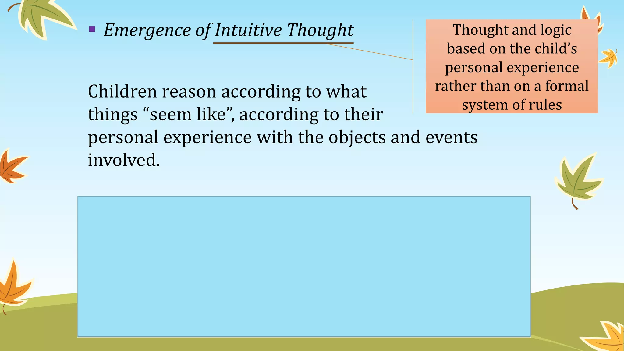  Emergence of Intuitive Thought
Children reason according to what
things “seem like”, according to their
personal experience with the objects and events
involved.
Thought and logic
based on the child’s
personal experience
rather than on a formal
system of rules
On the way to school one foggy morning, our son, who was about
3½ years old, said, “Better turn your lights on – it’s really froggy
out.” When asked what he meant, he explained that he had noticed
a lot of this cloudy stuff in the air whenever we drove by ponds.
“Mom, I know that frogs live in water, so when all the frogs
breathe out, they make the air froggy.”
 