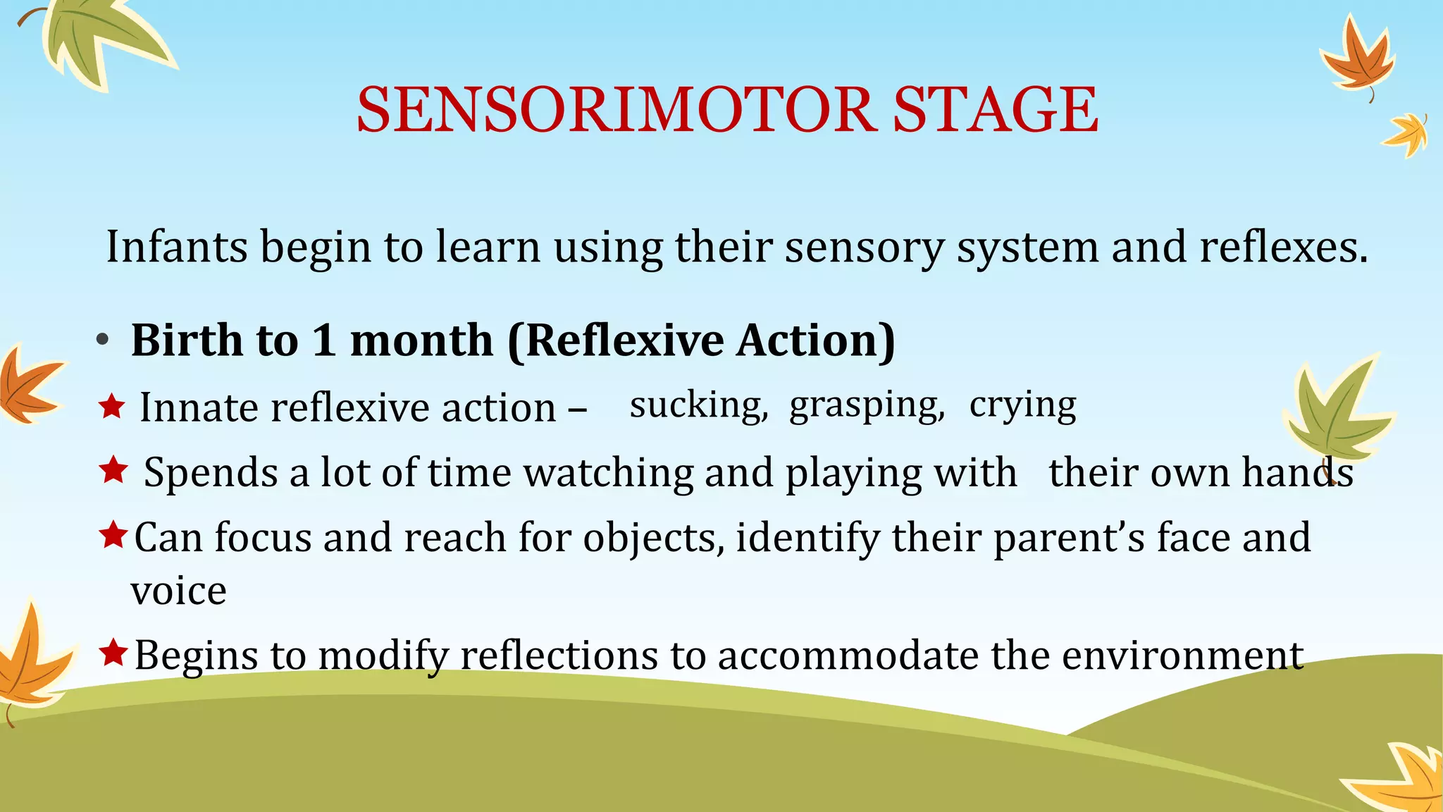 Infants begin to learn using their sensory system and reflexes.
• Birth to 1 month (Reflexive Action)
 Innate reflexive action –
 Spends a lot of time watching and playing with their own hands
Can focus and reach for objects, identify their parent’s face and
voice
Begins to modify reflections to accommodate the environment
SENSORIMOTOR STAGE
sucking, grasping, crying
 