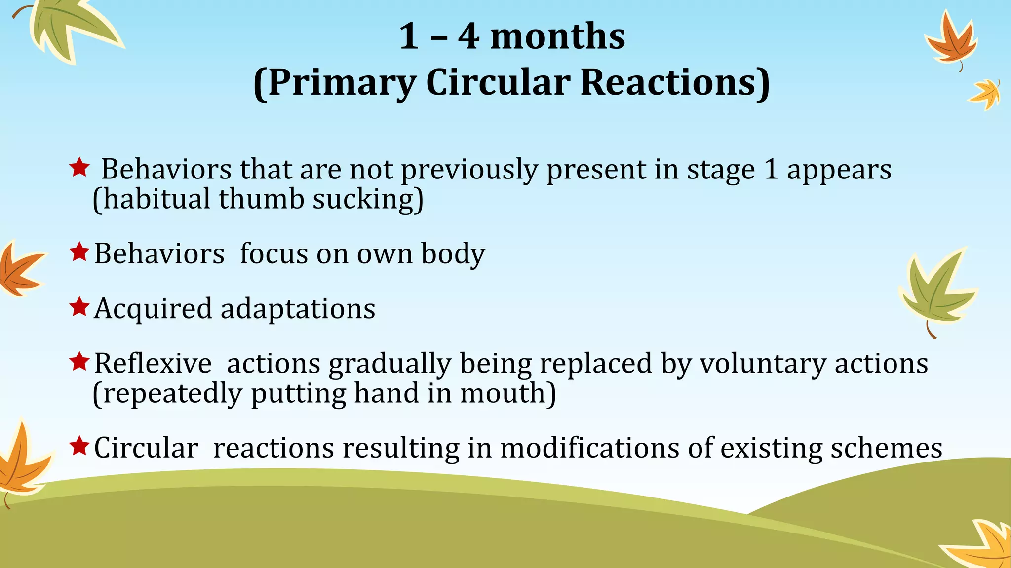 1 – 4 months
(Primary Circular Reactions)
 Behaviors that are not previously present in stage 1 appears
(habitual thumb sucking)
Behaviors focus on own body
Acquired adaptations
Reflexive actions gradually being replaced by voluntary actions
(repeatedly putting hand in mouth)
Circular reactions resulting in modifications of existing schemes
 