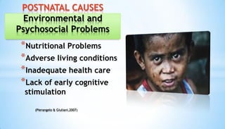 *Nutritional Problems
*Adverse living conditions
*Inadequate health care
*Lack of early cognitive
stimulation
POSTNATAL CAUSES
Environmental and
Psychosocial Problems
(Pierangelo & Giuliani,2007)
 