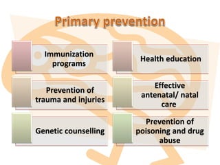 Immunization
programs
Health education
Prevention of
trauma and injuries
Effective
antenatal/ natal
care
Genetic counselling
Prevention of
poisoning and drug
abuse
 