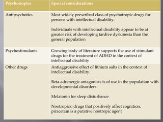 Psychotropics Special considerations
Antipsychotics Most widely prescribed class of psychotropic drugs for
persons with intellectual disability.
Individuals with intellectual disability appear to be at
greater risk of developing tardive dyskinesia than the
general population
Psychostimulants Growing body of literature supports the use of stimulant
drugs for the treatment of ADHD in the context of
intellectual disability
Other drugs Antiaggressive effect of lithium salts in the context of
intellectual disability.
Beta-adrenergic antagonists is of use in the population with
developmental disorders
Melatonin for sleep disturbance
Nootropics: drugs that positively affect cognition,
piracetam is a putative nootropic agent
 