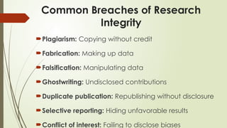 Common Breaches of Research
Integrity
Plagiarism: Copying without credit
Fabrication: Making up data
Falsification: Manipulating data
Ghostwriting: Undisclosed contributions
Duplicate publication: Republishing without disclosure
Selective reporting: Hiding unfavorable results
Conflict of interest: Failing to disclose biases
 