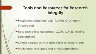 Tools and Resources for Research
Integrity
Plagiarism detection tools (Turnitin, Grammarly,
iThenticate)
Research ethics guidelines (COPE, ICMJE, Helsinki
Declaration)
Online courses on research ethics (Coursera, edX)
Institutional resources and ethics committees
 