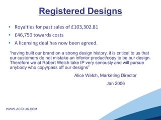 Registered Designs
 • Royalties for past sales of £103,302.81
 • £46,750 towards costs
 • A licensing deal has now been agreed.
 “having built our brand on a strong design history, it is critical to us that
 our customers do not mistake an inferior product/copy to be our design.
 Therefore we at Robert Welch take IP very seriously and will pursue
 anybody who copy/pass off our designs”
                                    Alice Welch, Marketing Director
                                                     Jan 2006




WWW. ACID.UK.COM
 