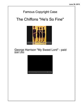 June 30, 2015
Famous Copyright Case
The Chiffons "He's So Fine"
George Harrison "My Sweet Lord" - paid
$587,000
 