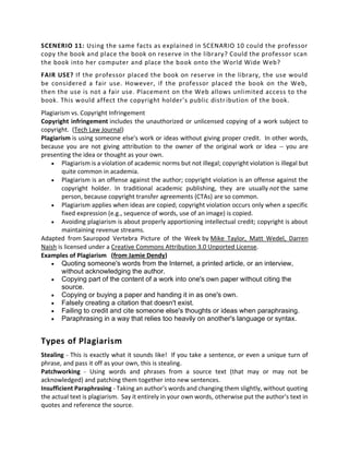 SCENERIO 11: Using the same facts as explained in SCENARIO 10 could the professor
copy the book and place the book on reserve in the library? Could the professor scan
the book into her computer and place the book onto the World Wide Web?
FAIR USE? If the professor placed the book on reserve in the library, the use would
be considered a fair use. However, if the professor placed the book on the Web,
then the use is not a fair use. Placement on the Web allows unlimited access to the
book. This would affect the copyright holder's public distribution of the book.
Plagiarism vs. Copyright Infringement
Copyright infringement includes the unauthorized or unlicensed copying of a work subject to
copyright. (Tech Law Journal)
Plagiarism is using someone else's work or ideas without giving proper credit. In other words,
because you are not giving attribution to the owner of the original work or idea -- you are
presenting the idea or thought as your own.
• Plagiarism is a violation of academic norms but not illegal; copyright violation is illegal but
quite common in academia.
• Plagiarism is an offense against the author; copyright violation is an offense against the
copyright holder. In traditional academic publishing, they are usually not the same
person, because copyright transfer agreements (CTAs) are so common.
• Plagiarism applies when ideas are copied; copyright violation occurs only when a specific
fixed expression (e.g., sequence of words, use of an image) is copied.
• Avoiding plagiarism is about properly apportioning intellectual credit; copyright is about
maintaining revenue streams.
Adapted from Sauropod Vertebra Picture of the Week by Mike Taylor, Matt Wedel, Darren
Naish is licensed under a Creative Commons Attribution 3.0 Unported License.
Examples of Plagiarism (from Jamie Dendy)
• Quoting someone's words from the Internet, a printed article, or an interview,
without acknowledging the author.
• Copying part of the content of a work into one's own paper without citing the
source.
• Copying or buying a paper and handing it in as one's own.
• Falsely creating a citation that doesn't exist.
• Failing to credit and cite someone else's thoughts or ideas when paraphrasing.
• Paraphrasing in a way that relies too heavily on another's language or syntax.
Types of Plagiarism
Stealing - This is exactly what it sounds like! If you take a sentence, or even a unique turn of
phrase, and pass it off as your own, this is stealing.
Patchworking - Using words and phrases from a source text (that may or may not be
acknowledged) and patching them together into new sentences.
Insufficient Paraphrasing - Taking an author's words and changing them slightly, without quoting
the actual text is plagiarism. Say it entirely in your own words, otherwise put the author's text in
quotes and reference the source.
 