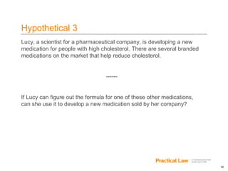 28
Hypothetical 3
Lucy, a scientist for a pharmaceutical company, is developing a new
medication for people with high cholesterol. There are several branded
medications on the market that help reduce cholesterol.
------
If Lucy can figure out the formula for one of these other medications,
can she use it to develop a new medication sold by her company?
 