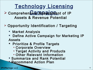 10
Technology Licensing
Campaign Comprehensive Assessment of IP
Assets & Revenue Potential
 Opportunity Identification / Targeting
 Market Analysis
 Define Active Campaign for Marketing IP
Assets
 Prioritize & Profile Targets
• Corporate Overview
• Target Activity and Products
• Other Relevant Information
 Summarize and Rank Potential
 Recommend Action Plan
IPOfferings LLC
 