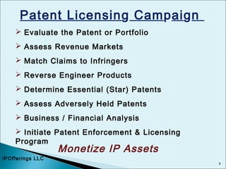 9
Patent Licensing Campaign
 Evaluate the Patent or Portfolio
 Assess Revenue Markets
 Match Claims to Infringers
 Reverse Engineer Products
 Determine Essential (Star) Patents
 Assess Adversely Held Patents
 Business / Financial Analysis
 Initiate Patent Enforcement & Licensing
Program
Monetize IP Assets
IPOfferings LLC
 