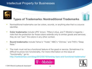© 2015 David Lizerbram & Associates®
Intellectual Property for Businesses
19
Types of Trademarks: Nontraditional Trademarks
• Nontraditional trademarks can be colors, sounds, or anything else that is a source
identifier.
• Color trademarks include UPS’ brown, Tiffany’s blue, and T-Mobile’s magenta –
note that the protection for those colors extends only to similar goods and services;
they do not “own” the colors in any other context.
• Sound trademarks include Yahoo’s “Yodel,” NBC’s “Chimes,” and THX’s “Deep
Note.”
• The mark must not be a functional feature of the good or service. Sometimes it is
difficult to prove non-functionality. For more information on the issue of
“functionality,” go to:
http://lizerbramlaw.com/blog/2012/05/16/hershey-bars-and-functional-trademarks/
 