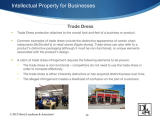 © 2015 David Lizerbram & Associates®
Intellectual Property for Businesses
20
Trade Dress
• Trade Dress protection attaches to the overall look and feel of a business or product.
• Common examples of trade dress include the distinctive appearance of certain chain
restaurants (McDonald’s) or retail stores (Apple stores). Trade dress can also refer to a
product’s distinctive packaging (although it must be non-functional), or unique elements
associated with the product’s design.
• A claim of trade dress infringement requires the following elements to be proven:
• The trade dress is non-functional – competitors do not need to use the trade dress in
order to compete effectively.
• The trade dress is either inherently distinctive or has acquired distinctiveness over time.
• The alleged infringement creates a likelihood of confusion on the part of customers.
 