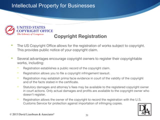 © 2015 David Lizerbram & Associates®
Intellectual Property for Businesses
31
Copyright Registration
 The US Copyright Office allows for the registration of works subject to copyright.
This provides public notice of your copyright claim.
 Several advantages encourage copyright owners to register their copyrightable
works, including:
 Registration establishes a public record of the copyright claim.
 Registration allows you to file a copyright infringement lawsuit.
 Registration may establish prima facie evidence in court of the validity of the copyright
and of the facts stated in the certificate.
 Statutory damages and attorney’s fees may be available to the registered copyright owner
in court actions. Only actual damages and profits are available to the copyright owner who
doesn’t register.
 Registration allows the owner of the copyright to record the registration with the U.S.
Customs Service for protection against importation of infringing copies.
 