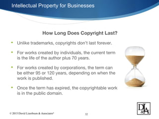 © 2015 David Lizerbram & Associates®
Intellectual Property for Businesses
32
How Long Does Copyright Last?
 Unlike trademarks, copyrights don’t last forever.
 For works created by individuals, the current term
is the life of the author plus 70 years.
 For works created by corporations, the term can
be either 95 or 120 years, depending on when the
work is published.
 Once the term has expired, the copyrightable work
is in the public domain.
 