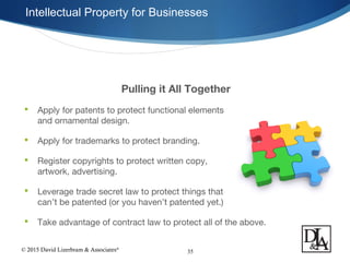 © 2015 David Lizerbram & Associates®
Intellectual Property for Businesses
35
Pulling it All Together
 Apply for patents to protect functional elements
and ornamental design.
 Apply for trademarks to protect branding.
 Register copyrights to protect written copy,
artwork, advertising.
 Leverage trade secret law to protect things that
can’t be patented (or you haven’t patented yet.)
 Take advantage of contract law to protect all of the above.
 