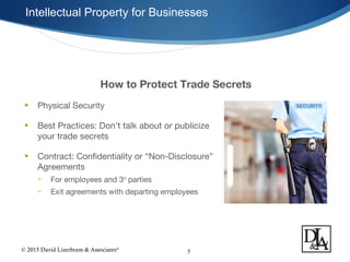 © 2015 David Lizerbram & Associates®
Intellectual Property for Businesses
5
How to Protect Trade Secrets
• Physical Security
• Best Practices: Don’t talk about or publicize
your trade secrets
• Contract: Confidentiality or “Non-Disclosure”
Agreements
• For employees and 3rd
parties
• Exit agreements with departing employees
 