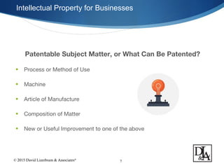 © 2015 David Lizerbram & Associates®
Intellectual Property for Businesses
7
Patentable Subject Matter, or What Can Be Patented?
• Process or Method of Use
• Machine
• Article of Manufacture
• Composition of Matter
• New or Useful Improvement to one of the above
 