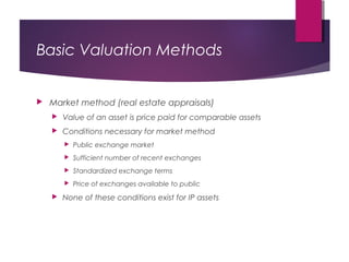 Basic Valuation Methods
 Market method (real estate appraisals)
 Value of an asset is price paid for comparable assets
 Conditions necessary for market method
 Public exchange market
 Sufficient number of recent exchanges
 Standardized exchange terms
 Price of exchanges available to public
 None of these conditions exist for IP assets
 