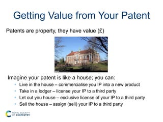 Getting Value from Your Patent
Patents are property, they have value (£)
Imagine your patent is like a house; you can:
 Live in the house – commercialise you IP into a new product
 Take in a lodger – license your IP to a third party
 Let out you house – exclusive license of your IP to a third party
 Sell the house – assign (sell) your IP to a third party
 