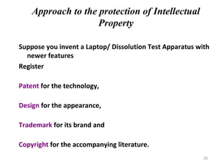 Approach to the protection of Intellectual
Property
Suppose you invent a Laptop/ Dissolution Test Apparatus with
newer features
Register
Patent for the technology,
Design for the appearance,
Trademark for its brand and
Copyright for the accompanying literature.
25

 