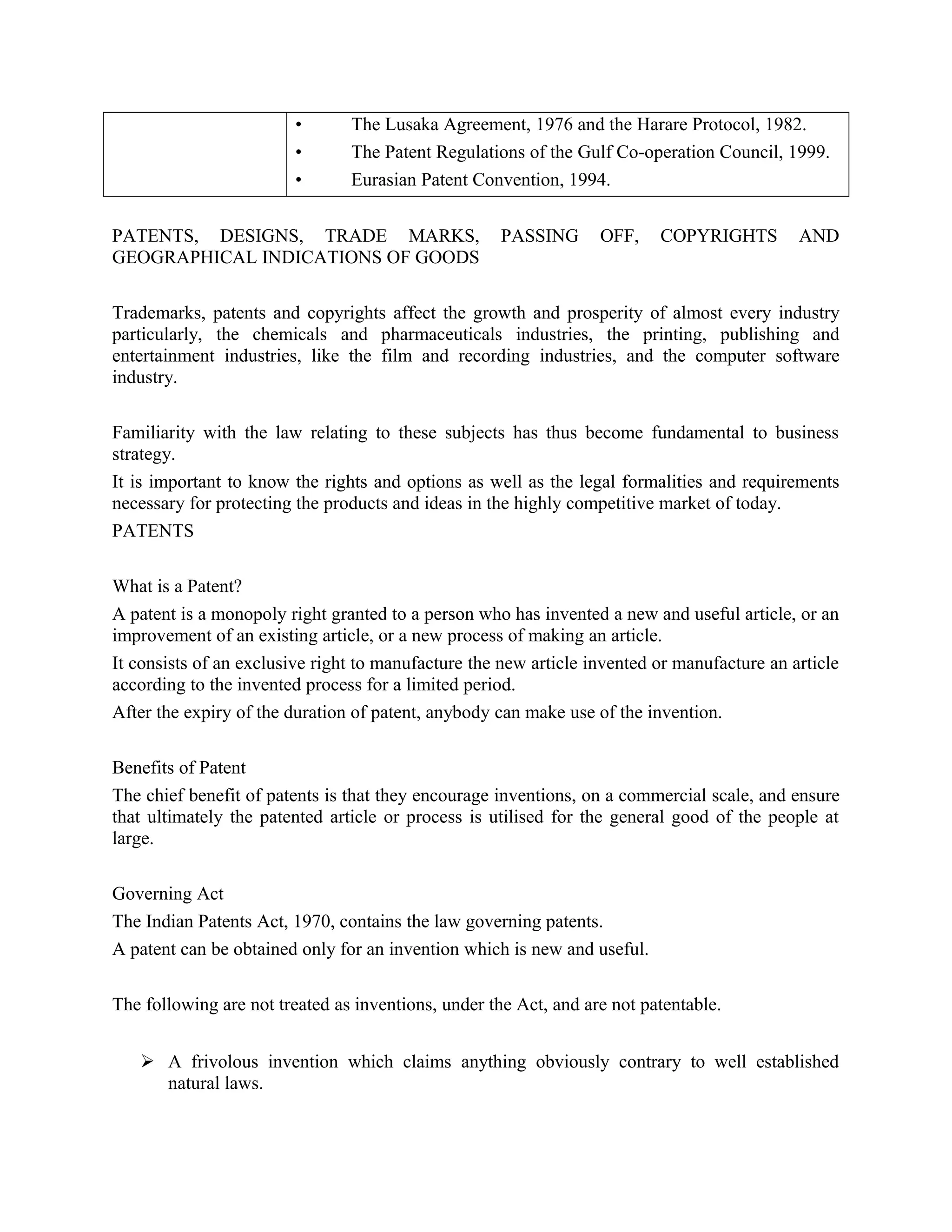 • The Lusaka Agreement, 1976 and the Harare Protocol, 1982.
• The Patent Regulations of the Gulf Co-operation Council, 1999.
• Eurasian Patent Convention, 1994.
PATENTS, DESIGNS, TRADE MARKS, PASSING OFF, COPYRIGHTS AND
GEOGRAPHICAL INDICATIONS OF GOODS
Trademarks, patents and copyrights affect the growth and prosperity of almost every industry
particularly, the chemicals and pharmaceuticals industries, the printing, publishing and
entertainment industries, like the film and recording industries, and the computer software
industry.
Familiarity with the law relating to these subjects has thus become fundamental to business
strategy.
It is important to know the rights and options as well as the legal formalities and requirements
necessary for protecting the products and ideas in the highly competitive market of today.
PATENTS
What is a Patent?
A patent is a monopoly right granted to a person who has invented a new and useful article, or an
improvement of an existing article, or a new process of making an article.
It consists of an exclusive right to manufacture the new article invented or manufacture an article
according to the invented process for a limited period.
After the expiry of the duration of patent, anybody can make use of the invention.
Benefits of Patent
The chief benefit of patents is that they encourage inventions, on a commercial scale, and ensure
that ultimately the patented article or process is utilised for the general good of the people at
large.
Governing Act
The Indian Patents Act, 1970, contains the law governing patents.
A patent can be obtained only for an invention which is new and useful.
The following are not treated as inventions, under the Act, and are not patentable.
 A frivolous invention which claims anything obviously contrary to well established
natural laws.
 