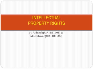 INTELLECTUAL
PROPERTY RIGHTS
By Avinash(UR11BT001) &
Akileshwar(UR11BT006)

 