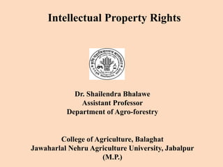 Intellectual Property Rights
Dr. Shailendra Bhalawe
Assistant Professor
Department of Agro-forestry
College of Agriculture, Balaghat
Jawaharlal Nehru Agriculture University, Jabalpur
(M.P.)
 