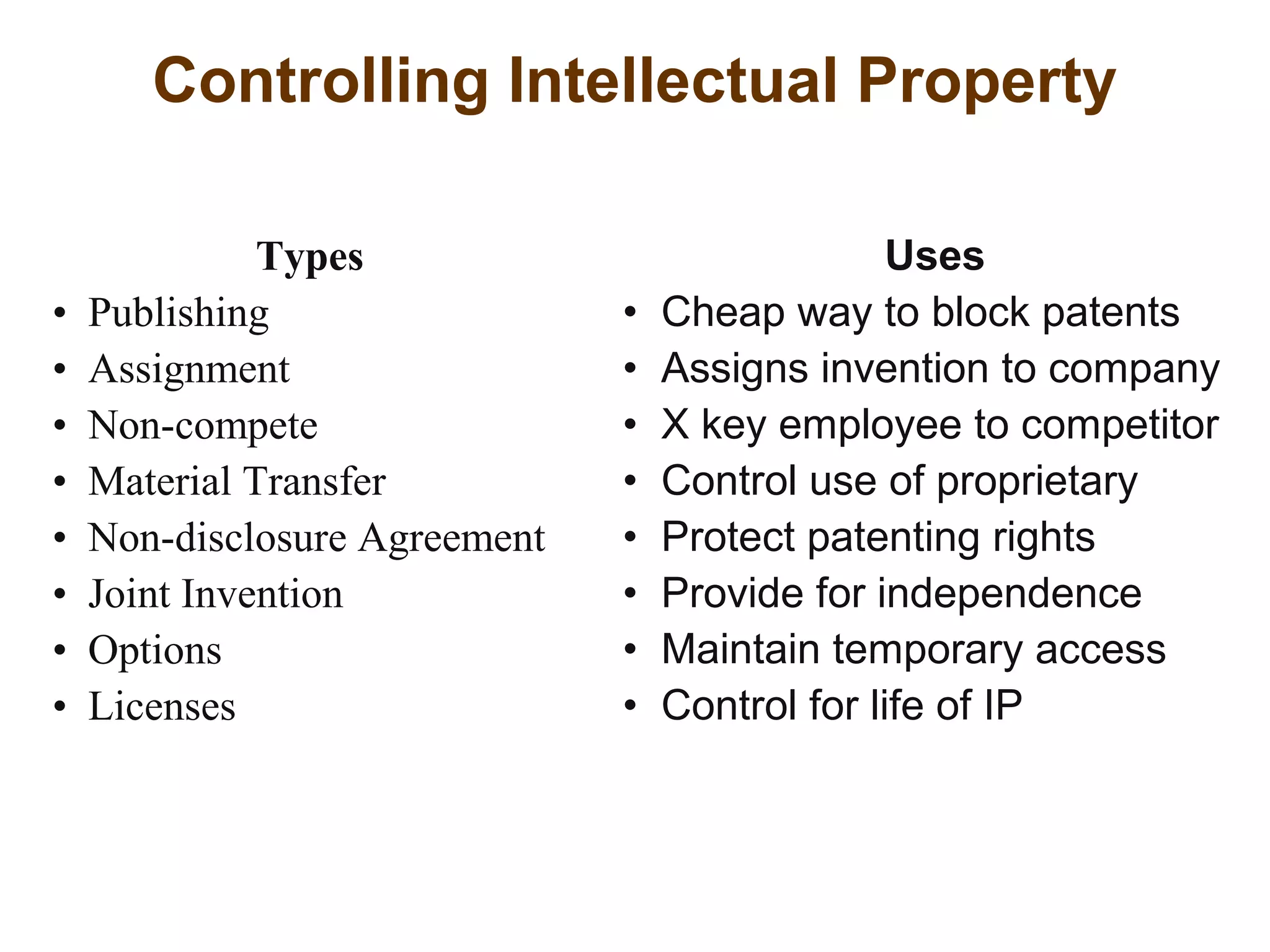 Controlling Intellectual Property
Uses
• Cheap way to block patents
• Assigns invention to company
• X key employee to competitor
• Control use of proprietary
• Protect patenting rights
• Provide for independence
• Maintain temporary access
• Control for life of IP
Types
• Publishing
• Assignment
• Non-compete
• Material Transfer
• Non-disclosure Agreement
• Joint Invention
• Options
• Licenses
 