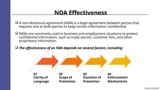 NDA Effectiveness
 A non-disclosure agreement (NDA) is a legal agreement between parties that
requires one or both parties to keep certain information confidential.
 NDAs are commonly used in business and employment situations to protect
confidential information, such as trade secrets, customer lists, and other
proprietary information.
 The effectiveness of an NDA depends on several factors, including:
Clarity of
Language
01
Scope of
Protection
02
Duration of
Protection
03
Enforcement
Mechanisms
04
 