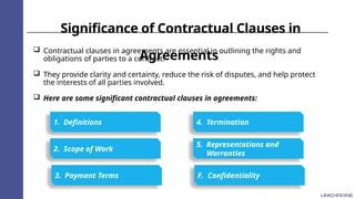Significance of Contractual Clauses in
Agreements
 Contractual clauses in agreements are essential in outlining the rights and
obligations of parties to a contract.
 They provide clarity and certainty, reduce the risk of disputes, and help protect
the interests of all parties involved.
 Here are some significant contractual clauses in agreements:
1. Definitions 4. Termination
2. Scope of Work
5. Representations and
Warranties
3. Payment Terms F. Confidentiality
 