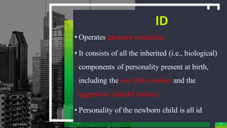 ID
• Operates pleasure principles
• It consists of all the inherited (i.e., biological)
components of personality present at birth,
including the sex (life) instinct and the
aggressive (death) instinct.
• Personality of the newborn child is all id
Add a Footer 45
 
