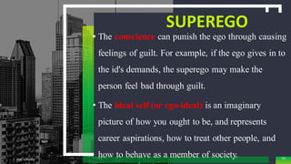 SUPEREGO
• The conscience can punish the ego through causing
feelings of guilt. For example, if the ego gives in to
the id's demands, the superego may make the
person feel bad through guilt.
• The ideal self (or ego-ideal) is an imaginary
picture of how you ought to be, and represents
career aspirations, how to treat other people, and
how to behave as a member of society.
Add a Footer 55
 