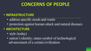CONCERNS OF PEOPLE
• INFRASTRUCTURE
• address specific needs and wants
• protection against human attack and natural diseases
• ARCHITECTURE
• style (today)
• nation’s identity; status symbol of technological
advancement of a certain civilization
 