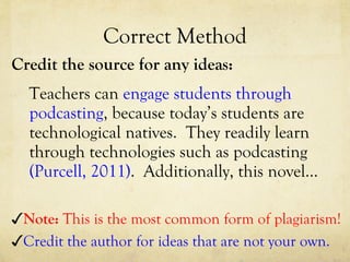 Correct Method Credit the source for any ideas: Teachers can  engage students through podcasting , because today’s students are technological natives.  They readily learn through technologies such as podcasting  (Purcell, 2011) .  Additionally, this novel…  ✓ Credit the author for ideas that are not your own. ✓ Note:  This is the most common form of plagiarism! 