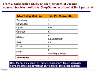 ©Intellex Marketing Private Limited, All Rights Reserved
From a comparable study of per view cost of various
communication mediums, ShopSense is priced at Rs 1 per print
Advertising Medium Cost Per Viewer (Rs)
Television 1
Newspaper 1
Radio 0.07
Outdoor 0.7
Internet
8
($0.2) per click
SMS 0.2
Email 0
Flyer
3
including postage
ShopSense 1
Cost for per view reach of ShopSense is much less in absolute
numbers since the advertiser only pays for the target segment
 