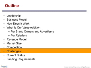 ©Intellex Marketing Private Limited, All Rights Reserved
Outline
• Leadership
• Business Model
• How Does It Work
• What Is Our Value Addition
– For Brand Owners and Advertisers
– For Retailers
• Revenue Model
• Market Size
• Competition
• Challenges
• Current Status
• Funding Requirements
 