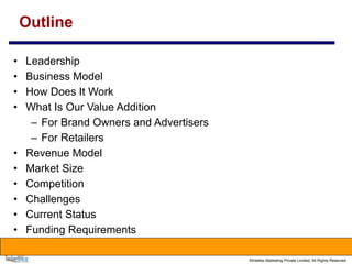 ©Intellex Marketing Private Limited, All Rights Reserved
Outline
• Leadership
• Business Model
• How Does It Work
• What Is Our Value Addition
– For Brand Owners and Advertisers
– For Retailers
• Revenue Model
• Market Size
• Competition
• Challenges
• Current Status
• Funding Requirements
 