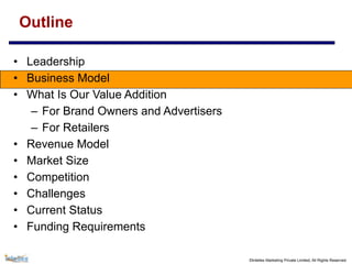 ©Intellex Marketing Private Limited, All Rights Reserved
Outline
• Leadership
• Business Model
• What Is Our Value Addition
– For Brand Owners and Advertisers
– For Retailers
• Revenue Model
• Market Size
• Competition
• Challenges
• Current Status
• Funding Requirements
 