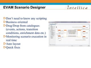 EVAM Scenario Designer


 Don’t need to know any scripting
 Business oriented
 Drag/Drop from catalogues
 (events, actions, transition
 conditions, enrichment data etc.)
 Monitoring scenario execution in
 real time
 Auto layout
 Quick fixes
 