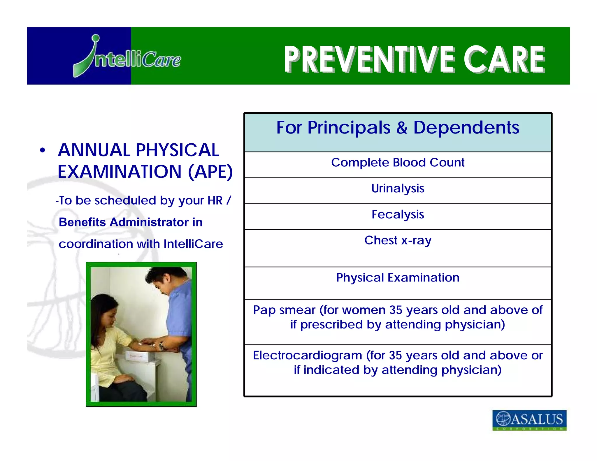 For Principals & Dependents
• ANNUAL PHYSICAL
                                              Complete Blood Count
  EXAMINATION (APE)
                                                     Urinalysis
 -To be scheduled by your HR /
                                                     Fecalysis
  Benefits Administrator in
  coordination with IntelliCare                     Chest x-ray


                                               Physical Examination

                                  Pap smear (for women 35 years old and above of
                                        if prescribed by attending physician)

                                  Electrocardiogram (for 35 years old and above or
                                         if indicated by attending physician)
 