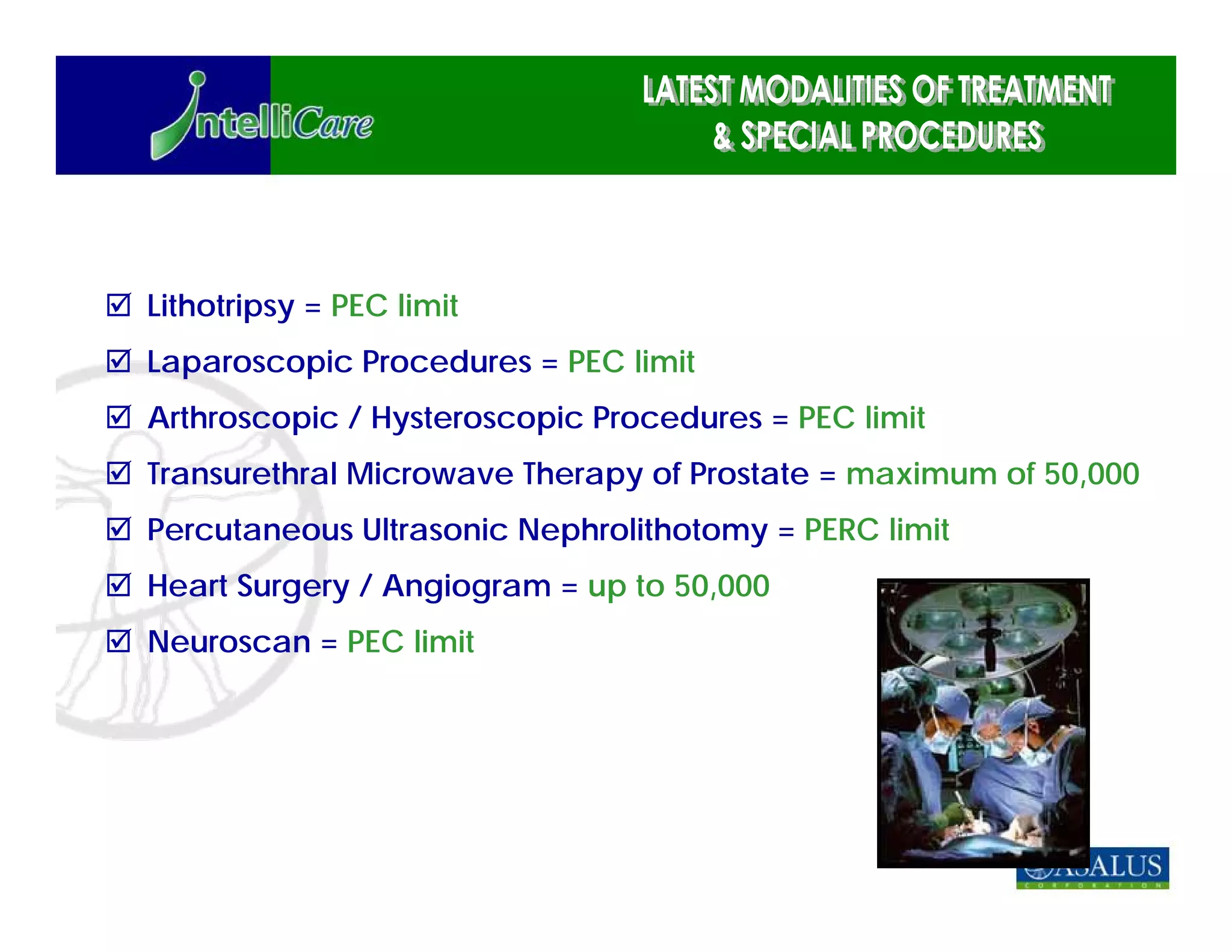 Lithotripsy = PEC limit
Laparoscopic Procedures = PEC limit
Arthroscopic / Hysteroscopic Procedures = PEC limit
Transurethral Microwave Therapy of Prostate = maximum of 50,000
Percutaneous Ultrasonic Nephrolithotomy = PERC limit
Heart Surgery / Angiogram = up to 50,000
Neuroscan = PEC limit
 