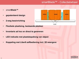smartBlade ™  - Collectiebeheer smart Blade ™ gepatenteerd design 2-weg leesinrichting Flexibele plaatising, bestaande planken Inventaris ad hoc en direct te genereren LED indicatie met plaatsbepaliong van object Koppeling met Liber8 zelfbediening incl. 3D weergave 